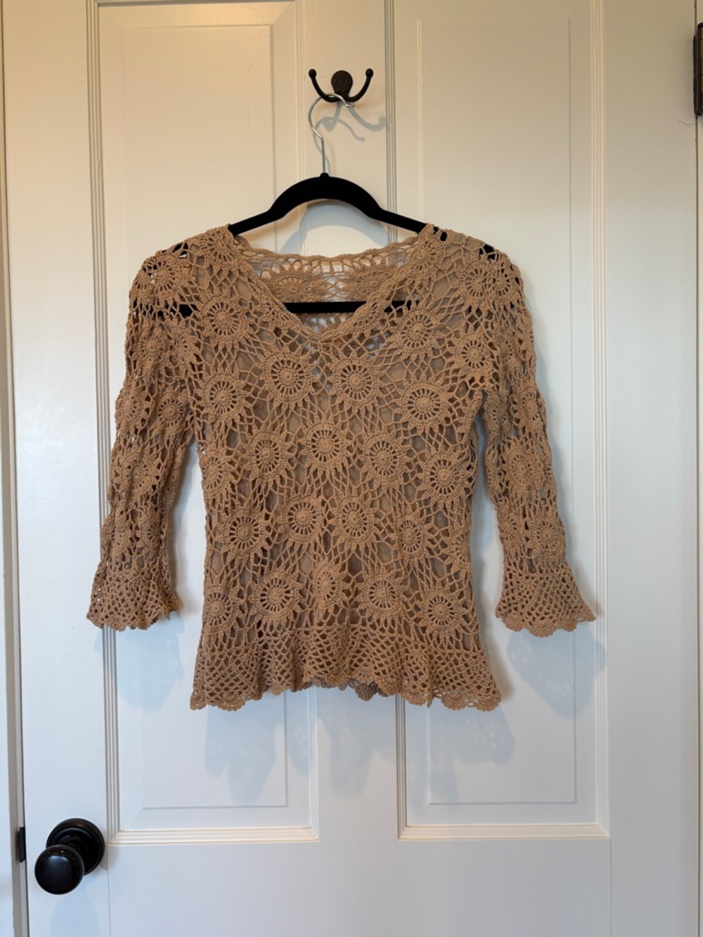 Crochet V-Neck Top in Tan with Liner